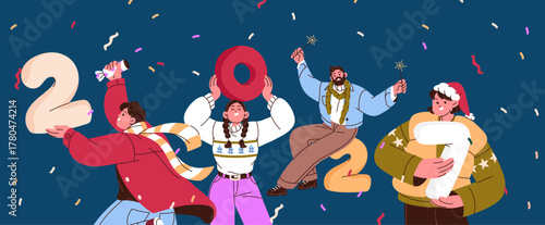 Happy New Year. Greeting banner with group of people holding figures with number 2027. Team celebrates winter holiday together with sparklers, confetti and firecrackers. Flat vector illustration