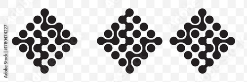 Set of metaball pattern samples. Fluid drops or morph shapes background. Organic blobs, neurons or molecules isolated on white background. Connected dots print. Vector graphic 