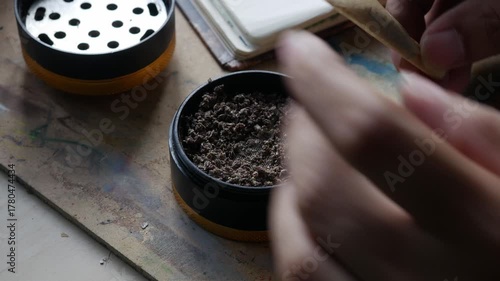 Hands Rolling Cannabis Joint with Ground Marijuana on Rolling Paper Close-up