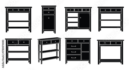 Set of console table silhouette vector illustrations furniture for storage and display