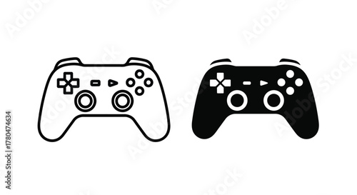 Two video game controllers, one outlined in black and white and the other solid black, are shown side-by-side on a white background.