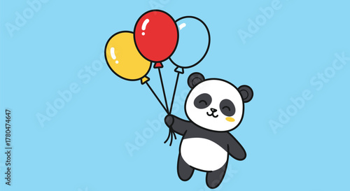 A cute cartoon panda bear floats happily holding colorful balloons against a blue sky background.