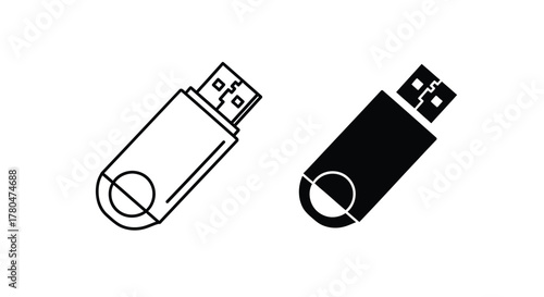 A pair of USB flash drive icons, one in a simple outline style and the other a solid black silhouette, isolated on a white background.