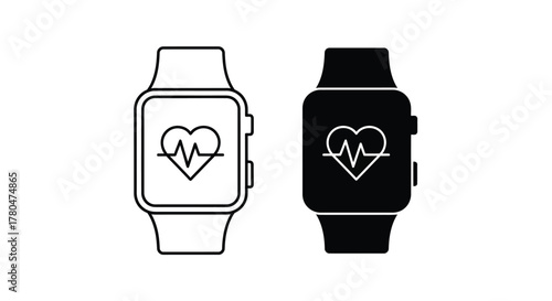 Smartwatch icons with a heart rate monitor symbol, shown in both outline and solid black styles.