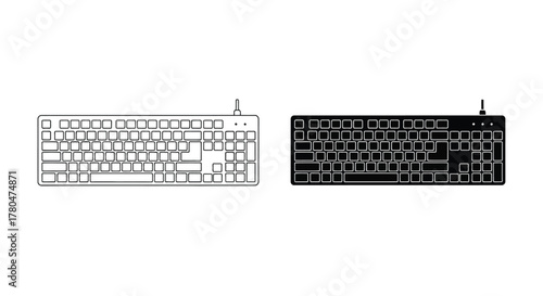 Two computer keyboards, one outlined in white and the other filled in black, displayed side-by-side on a white background.