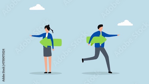 Business people with green arrows pointing in opposite directions choice