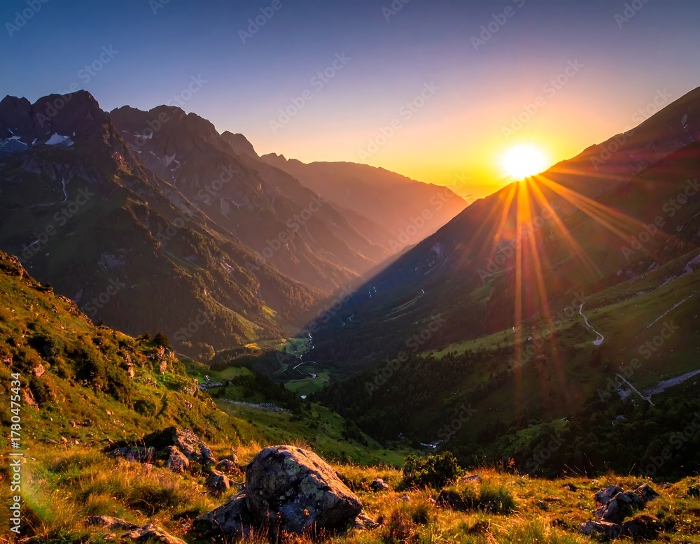 Obraz premium Mountain valley at dawn with sun rays