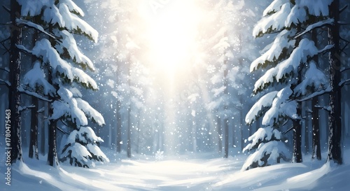 Snow covered pine trees line a sunlit winter forest path