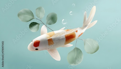 Koi fish with white and orange patterns swimming on bubble water background