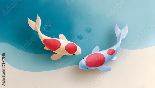 Koi fish with white and orange patterns swimming on bubble water background