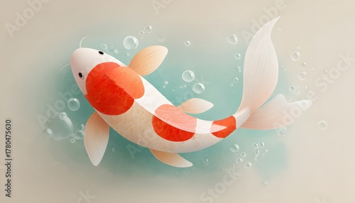 Koi fish with white and orange patterns swimming on bubble water background