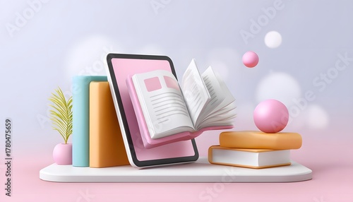 3D tablet and books. Symbolizing education, technology, and creativity in learning
