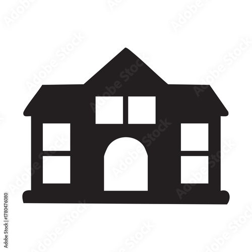 Stylized Silhouette of a Two Story Building with an Arched Entrance and a Triangular Roof, Simple Architectural Design