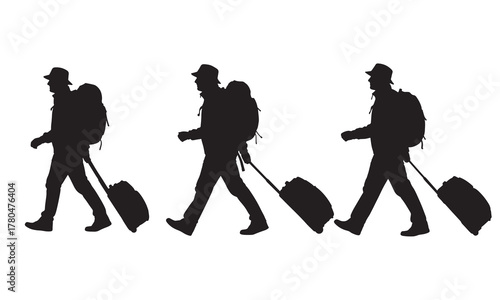 Three travelers with luggage silhouette