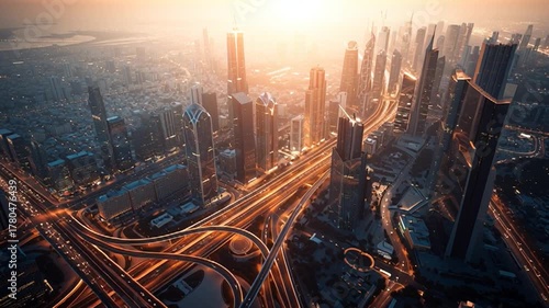 Sunset over a busy city skyline with illuminated highways and tall buildings in Dubai