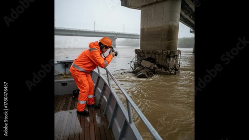 Engineer inspects bridge pillar in murky river