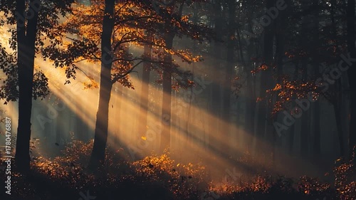 Sunlight filters through trees in a tranquil forest during autumn, creating a serene atmosphere