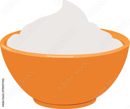 A vibrant orange bowl filled with a generous helping of white cream