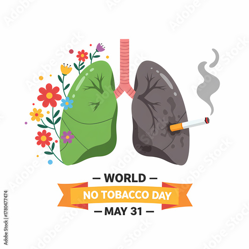 Graphic Healthy and Diseased Lungs with Flowers and Cigarette Smoke