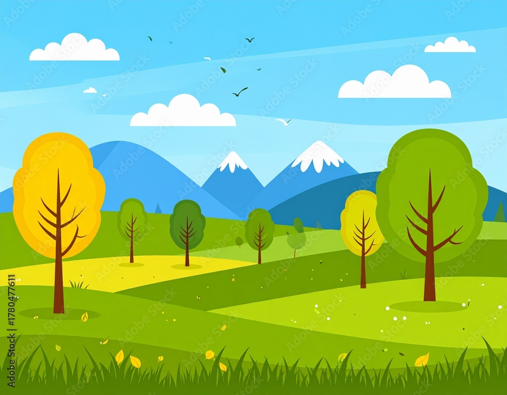 Obraz premium Spring landscape with trees, mountains, fields, leaves. Vector illustration in flat