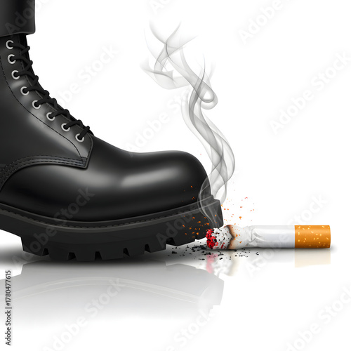 Black Boot Crushing Cigarette with Smoke Isolated on White Background