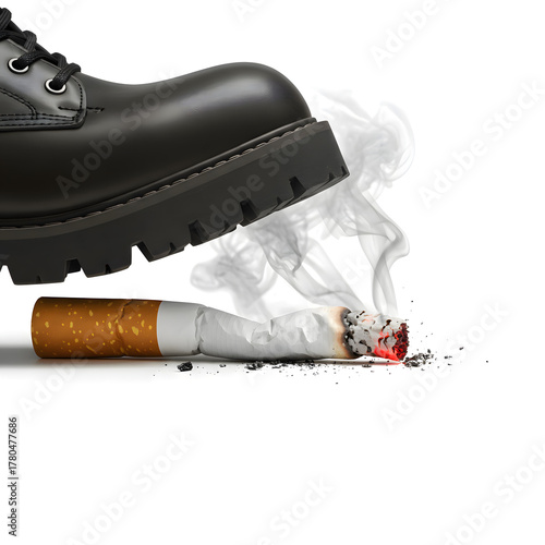 Black Boot Stepping on Cigarette with Smoke on White Background