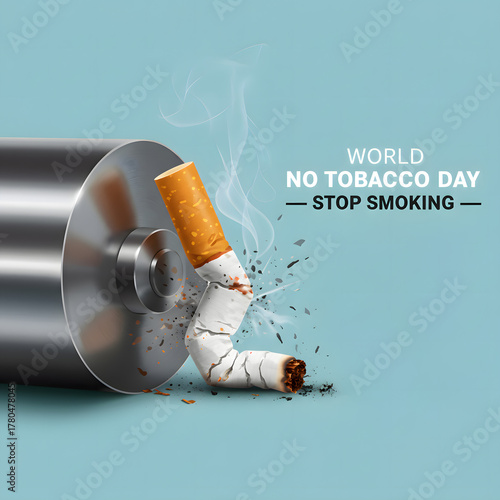 Crushed Cigarette with Smoke on Blue Background - Stop Smoking Concept