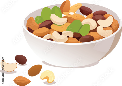 A colorful assortment of mixed nuts and seeds in a white bowl