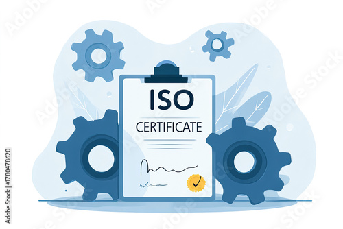 ISO certificate flat vector illustration with gears and abstract background for design purposes