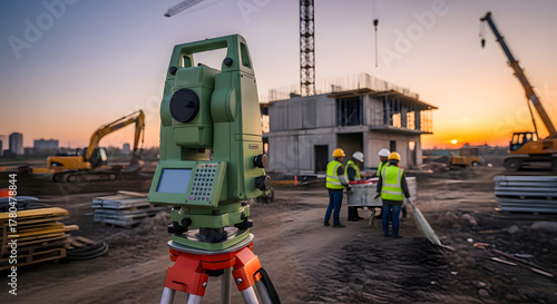 Surveying Instrument at Construction Site During Warm Sunset
