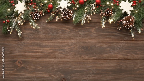 Festive Embellishments:  A top-down composition captures the essence of holiday warmth, showcasing a garland of festive decorations laid gracefully over a rich wood surface.