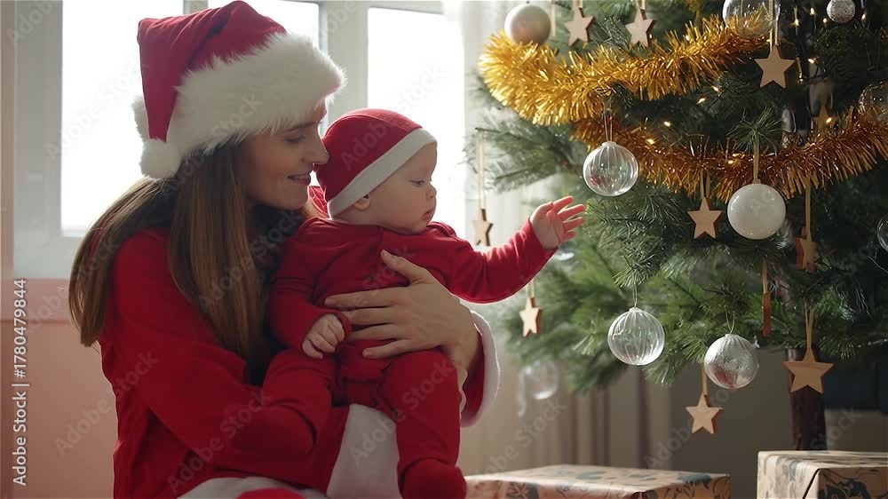 Maman et bébé admirant le sapin de Noël