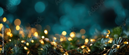 Festive Christmas Lights and Evergreen Branches on Dark Teal Background with Bokeh Holiday Season Decoration Concept