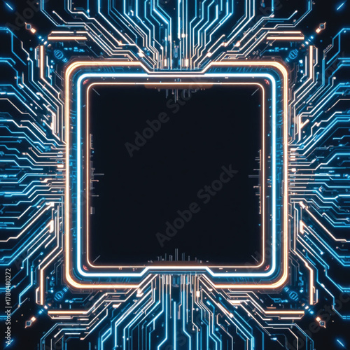 Futuristic Blue PCB Frame with Glowing Circuit Pattern and Central Space, Ai generate.
