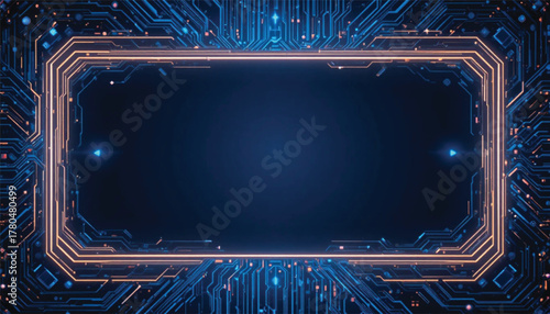 High-Tech Digital Interface with Blue Gradient Background and Circuit Border.