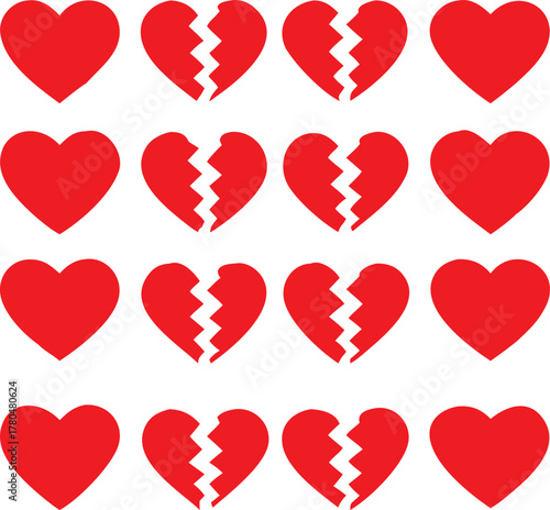 A collection of red hearts some whole and some broken apart