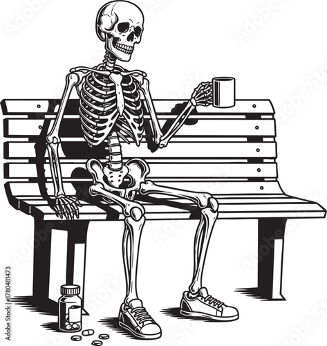 A black and white illustrated skeleton in sneakers sitting on a bench holding a mug with pills at its feet.