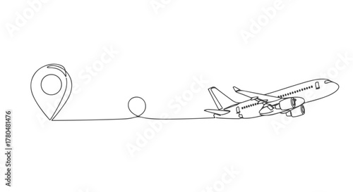 Continuous one line drawing of an airplane traveling from a location pin with a dotted path, single continuous line art