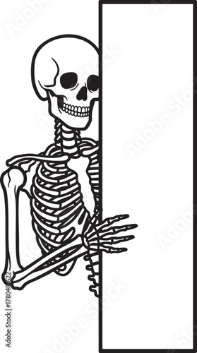 A black and white line art illustration of a cartoon skeleton peeking from behind a vertical sign.