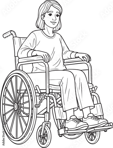 A black and white line art illustration of a woman with short hair sitting in a manual wheelchair.
