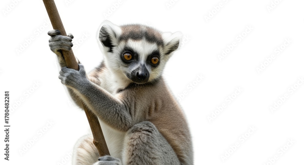 Obraz premium A close-up of a ring-tailed primate, gazing at the viewer while clinging to a slender branch. The background is a clean white, emphasizing the animal