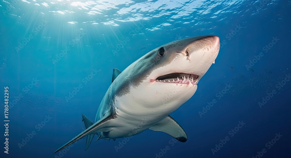 Naklejka premium A fearsome shark swims towards the viewer, its teeth bared, in a vibrant blue ocean. Sunlight streams from above, illuminating its form and the marine environment
