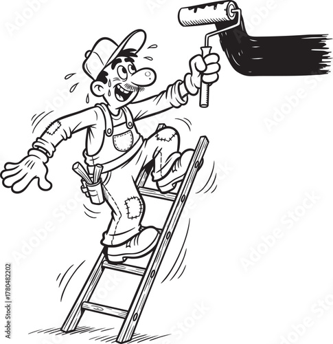 A cartoon painter in overalls and a cap sweating while painting with a roller on a wobbly ladder.