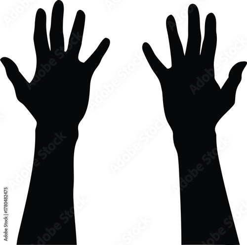 Two black silhouette hands reaching upwards palms open and fingers spread