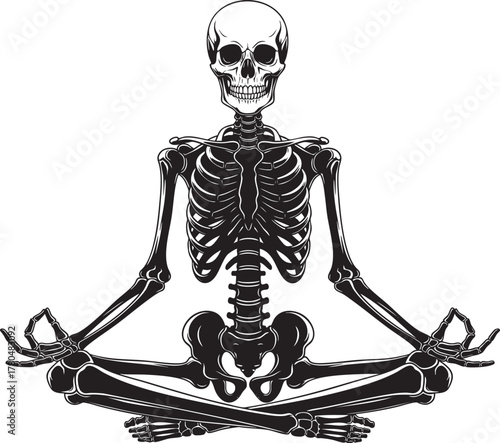 A detailed black and white illustration of a human skeleton meditating in a lotus yoga pose.