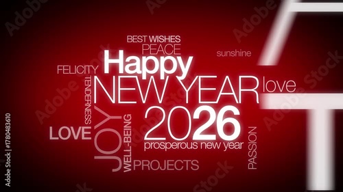 Happy New Year 2026 worldwide New Year's Eve celebration red international wishes word traduction colorful words tag cloud text white greetings animation