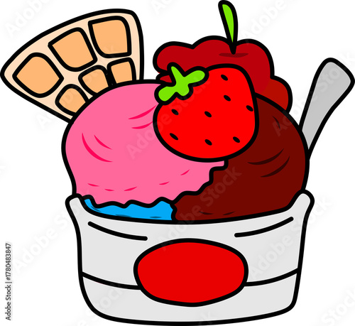 Colorful Ice Cream Dessert with Strawberry and Cherry Toppings