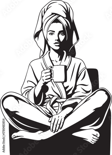 A serene woman in a bathrobe and towel turban sitting crosslegged while holding a mug.