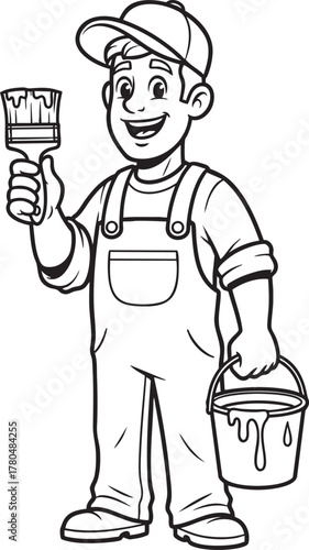 A smiling cartoon painter in overalls holding a paintbrush and a dripping paint bucket.