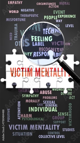Victim Mentality under magnifying glass, being researched, studied and examined. Most important subjects and ideas closely related to victim mentality written around a puzzle.